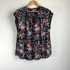 Women’s Navy Blue Floral Blouse, Cute Frayed Edge Detail,  Office or Party, XXL